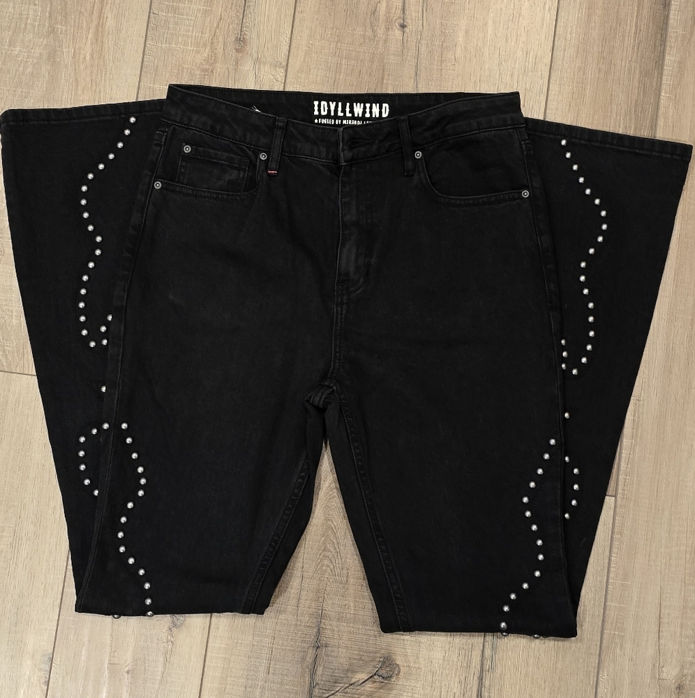 Idyllwind Womens Black Bell Bottom Jeans with Studded Detail Size 10 Tall